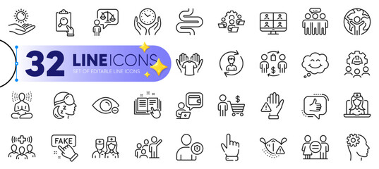 Outline set of Yoga, Teamwork and Engineering line icons for web with Fake information, Inspect, Buying process thin icon. Smile, Lawyer, Cursor pictogram icon. Global business. Vector