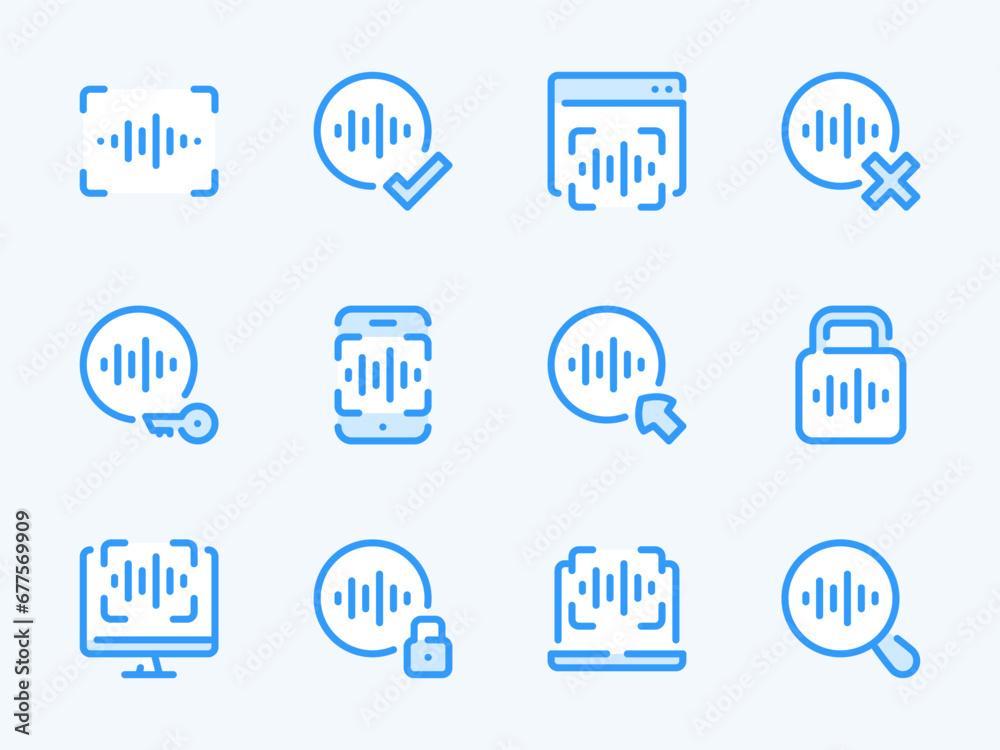 Poster voice recognition and sound scanning vector line icons. authentication and identification outline ic