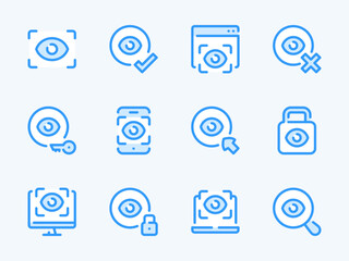 Naklejka premium Eye Scanning and Retina recognition vector line icons. Authentication and Identification outline icon set. Scan, Access, Login, Biometrics, ID, Unlock and more.