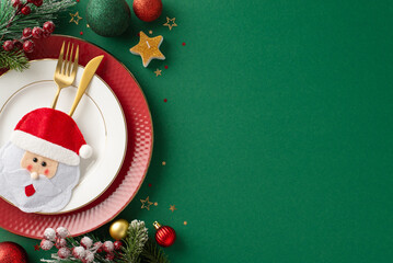 Idea for Christmas party table with touch of humor. Top view image of plates, cutlery in whimsical holder, baubles, candle, frosty evergreen sprigs, berries set on green background, space for promo - obrazy, fototapety, plakaty