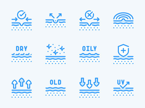 Skin care and Beauty vector line icons. Skin problems and Treatment outline icon set. Skincare, Pore, Protection, Skin type, Cleansing, Ultraviolet, Pain and more.