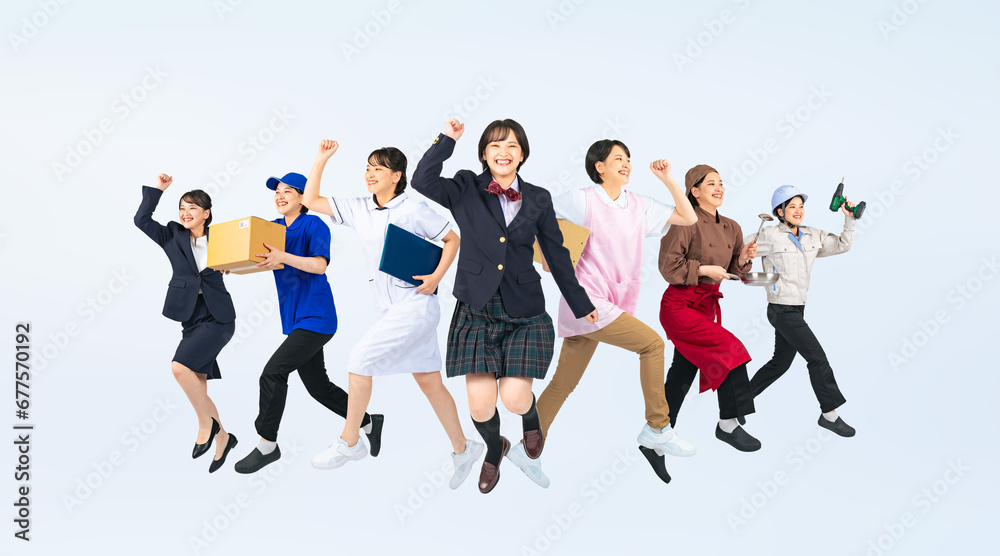 Poster ジャンプする様々な職業のユニフォームを着た同一人物の合成写真　転職　進路　専門学校　切り抜き全身写真（切り抜き背景透過pngも販売しております。作成者リンクから「png」で検索してください）