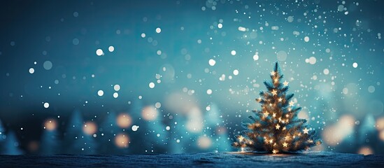 Fototapeta na wymiar The abstract design on the blue background filled with shimmering lights and a beautiful Christmas tree creates a stunning display of holiday beauty in the night with bokeh and blur adding a
