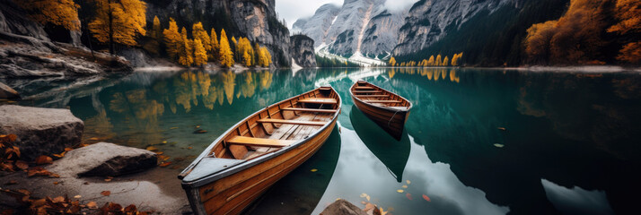 Obraz premium Wooden Boats on the Braies Lake, Pragser Wildsee, in Dolomites mountains, Sudtirol, Italy,autumn