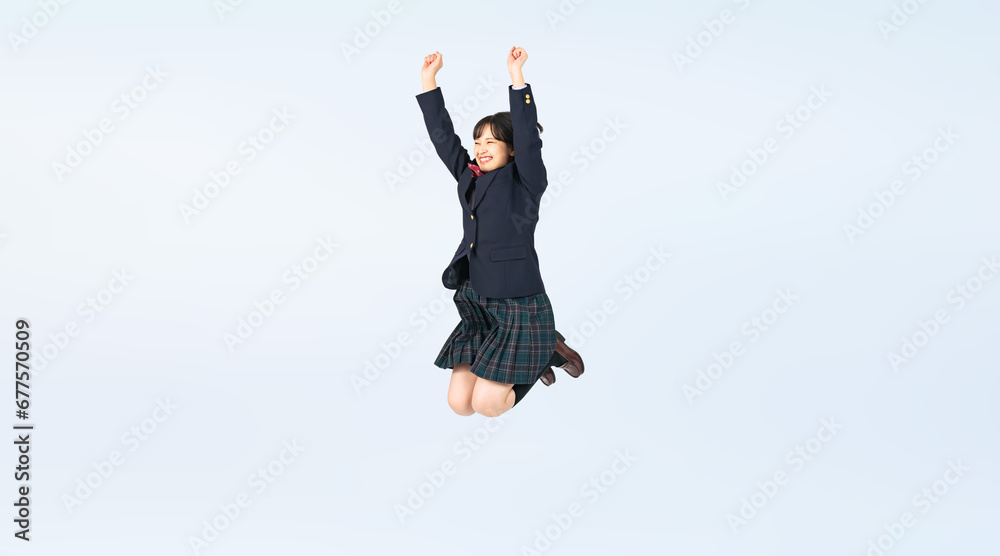 Poster ジャンプする制服を着た女子学生　切り抜き全身写真（切り抜き背景透過pngも販売しております。作成者リンクから「png」で検索してください）
