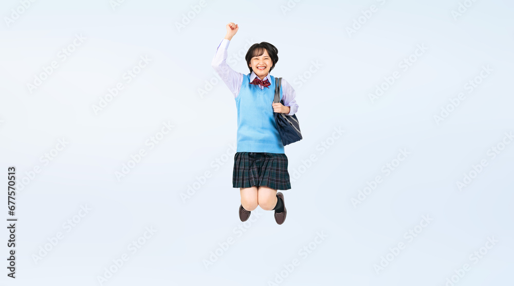 Poster ジャンプする制服を着た女子学生　切り抜き全身写真（切り抜き背景透過pngも販売しております。作成者リンクから「png」で検索してください）