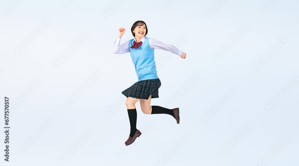 Poster ジャンプする制服を着た女子学生　切り抜き全身写真（切り抜き背景透過pngも販売しております。作成者リンクから「png」で検索してください）