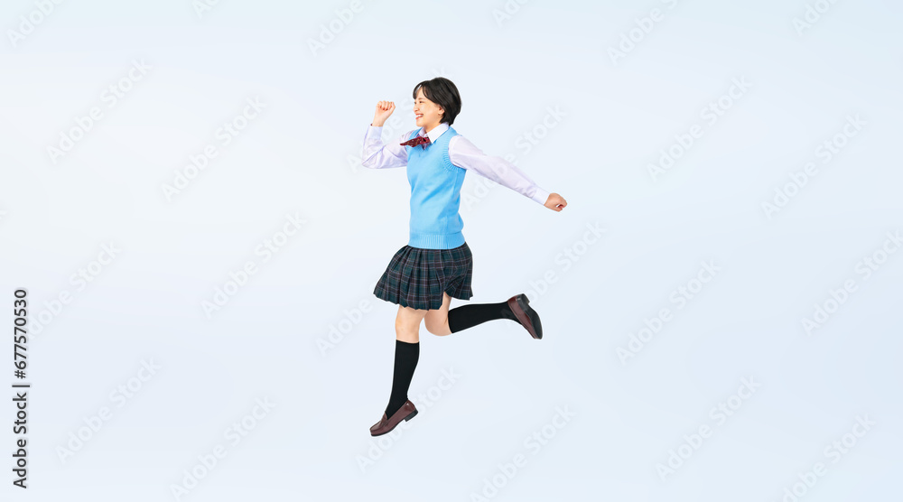 Poster ジャンプする制服を着た女子学生　切り抜き全身写真（切り抜き背景透過pngも販売しております。作成者リンクから「png」で検索してください）