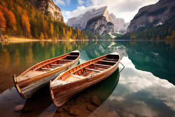 Fototapeta na wymiar Wooden Boats on the Braies Lake, Pragser Wildsee, in Dolomites mountains, Sudtirol, Italy,autumn