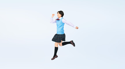 Fototapeta premium ジャンプする制服を着た女子学生 切り抜き全身写真（切り抜き背景透過PNGも販売しております。作成者リンクから「PNG」で検索してください）