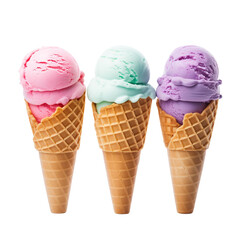 Multicolor ice cream cones with strawberry flavor, mint flavor and blueberry flavor