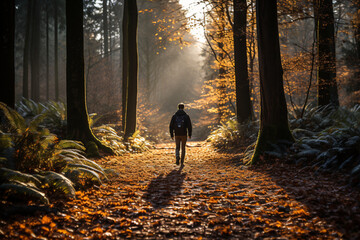 autumn in the forest, A tranquil forest path covered in autumn leaves, with soft sunlight filtering through the trees, man walking, natural, good lighting condition