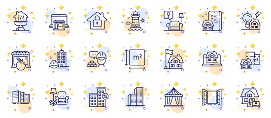 Fototapeta na wymiar Outline set of Home grill, Home moving and Property agency line icons for web app. Include Loan house, Realtor, Circus tent pictogram icons. Open door, Square area, Packing things signs. Vector