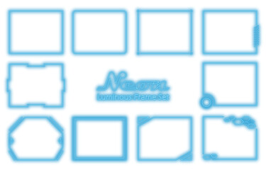Luminous neon style frame set, transparent background, light blue