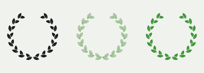 Foliate Round Vintage Victory Emblem. Chaplet, Laurel Wreath Color Icon Set. Winner Award Symbol Collection. Green Leaf Pictogram. Circle Greek Olive Tree Branch. Isolated Vector Illustration