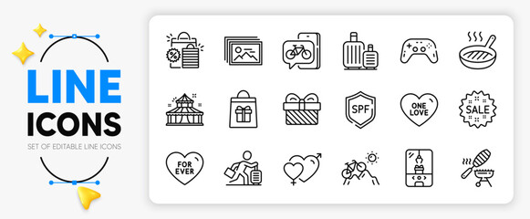 Sale, Male female and One love line icons set for app include Spf protection, Gift, Fish grill outline thin icon. Image gallery, Baggage, Travel delay pictogram icon. Mountain bike. Vector