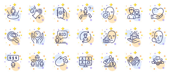 Outline set of Augmented reality, Health skin and Human resources line icons for web app. Include Skin care, Engineering team, Blood donation pictogram icons. Salary, Volunteer. Vector
