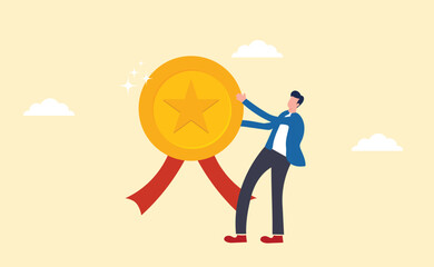 successful businessman and professional entrepreneur bringing star awards.Successful and award winning professional or expert, best office employee or specialist with skills to achieve goals concept.