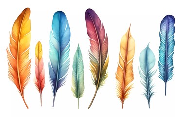 watercolor feather illustration, collection of colorful watercolor feathers. generative ai - obrazy, fototapety, plakaty