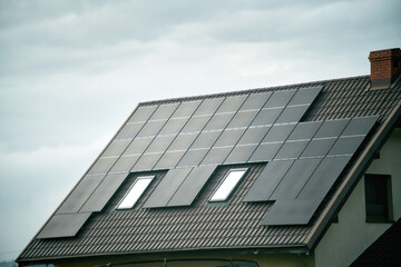 Fototapeta na wymiar Photovoltaic solar power panel. Green clean alternative power energy concept. Electric power from sun.