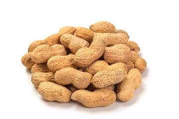 Peanuts in shell isolated on white background. Pile of peanuts close up