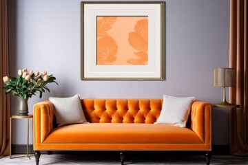 Orange tufted velvet sofa and frame on the wall. Interior design of modern living room. Generative AI