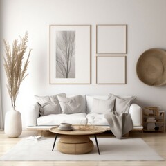 White sofa and posters, frames on wall. Interior design of modern living room. Generative AI
