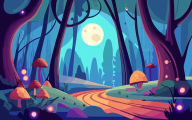 Night forest landscape with trees and road, glowworms and mushrooms shining in darkness. Wild wood fantasy background, dark mysterious place with plants under moonlight, Cartoon vector illustration