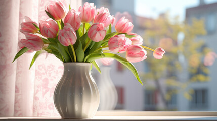 Beautiful tulips with bulbs on window sill indoors