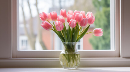 Beautiful tulips with bulbs on window sill indoors