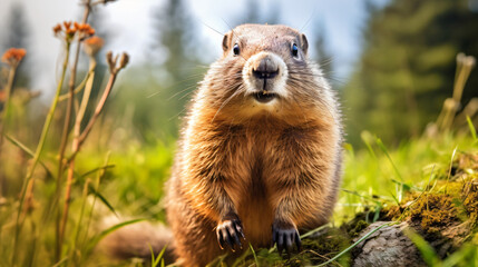 Naklejka na ściany i meble Wonderful photo of a cute groundhog against the back