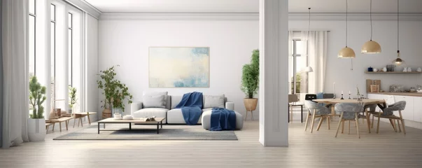 Fotobehang Interior design of modern scandinavian apartment, living room and dining room, panorama 3d rendering, Generative AI © Akanksha