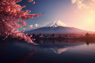 Mountain Fuji Landscape and red leaves at lake Kawaguchiko is one of the best and most beautiful places in Japan. Generative Ai - obrazy, fototapety, plakaty