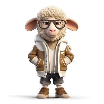 3d sheep character wearing trendy casual clothing, isolated on a white background