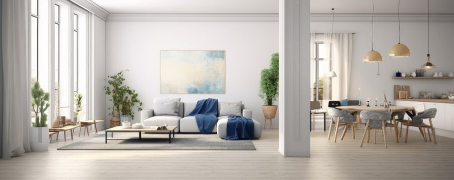 Interior design of modern scandinavian apartment, living room and dining room, panorama 3d rendering, Generative AI