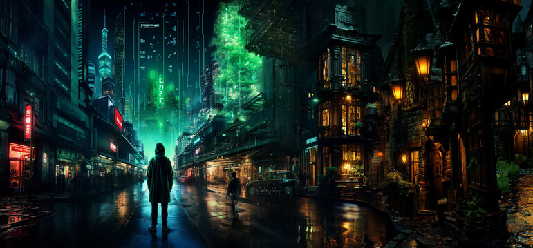 Futuristic Cyberpunk Cityscape Background, night city street