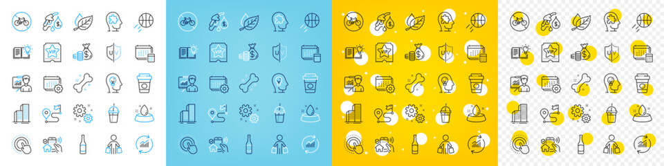 Vector icons set of Bicycle prohibited, Coins bag and Takeaway coffee line icons pack for web with Presentation, Water bowl, Click hand outline icon. Mental health, Work, Dog bone pictogram. Vector