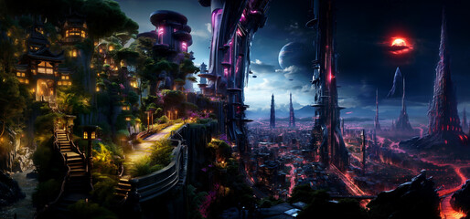 Futuristic Cyberpunk Cityscape Background, city lights
