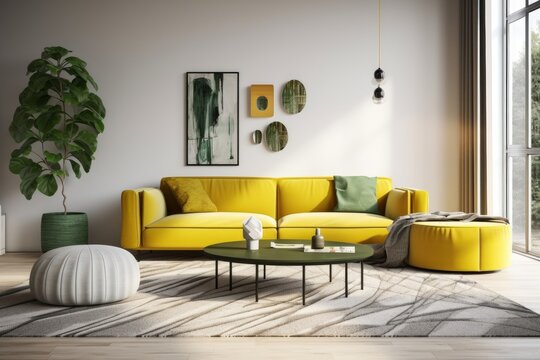 Modern interior design of apartment, living room with yellow sofa. Accent coffee table. Home interior with rug. 3d rendering, Generative AI