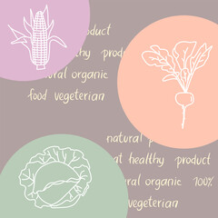 Cute vegan poster in pastel colors. Vector illustration outline veggies images.