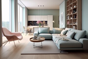 Naklejka na ściany i meble Scandinavian studio apartment. Interior design of modern living room. Generative AI