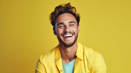 Ultra handsome man smiling and laughing,  wearing bright clothes on color background