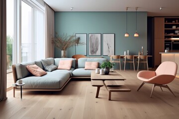Scandinavian studio apartment. Interior design of modern living room. Generative AI