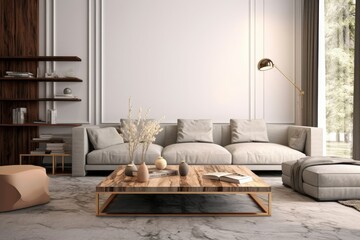 Interior design of modern apartment, living room with sofa and coffee tables 3d rendering, Generative AI