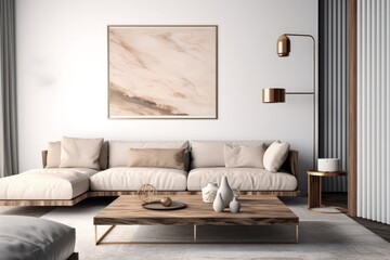 Fototapeta na wymiar Interior design of modern apartment, living room with sofa and coffee tables 3d rendering, Generative AI