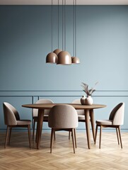 Interior of modern dining room, dining table and blue fabric chairs against beige wall. 3d rendering, Generative AI
