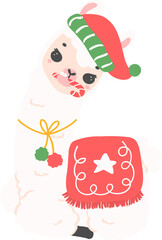 Christmas Llama cartoon illustration, Cute Alpaca with Santa Hat.