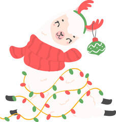 Christmas Llama cartoon illustration, Cute Alpaca with Santa Hat.