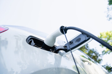 Naklejka premium Close up of electric car inlet with a connected charging cable