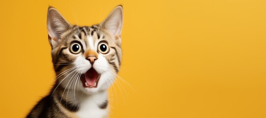 surprised funny cat with open mouth on bright yellow background.